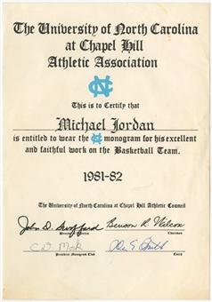 1981-82 Michael Jordan Freshman Season University of North Carolina Varsity Basketball Certificate Signed By Dean Smith (PSA/DNA)